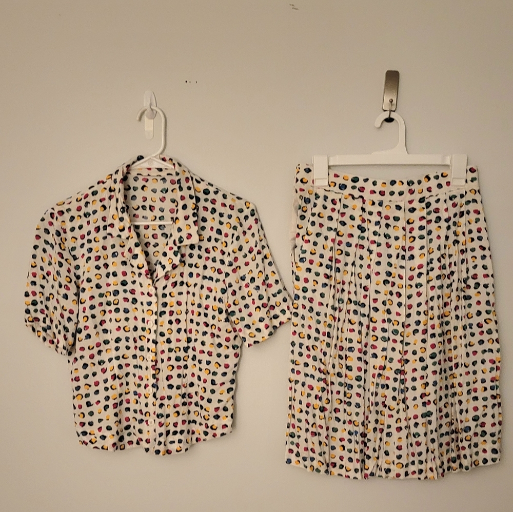 Vintage 80's Multicolor Polka Womens Set Blouse And Skirt